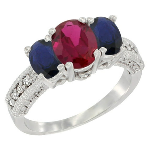 14K White Gold Diamond Enhanced Ruby Ring Oval 3-stone with HQ Blue Sapphire, size 9