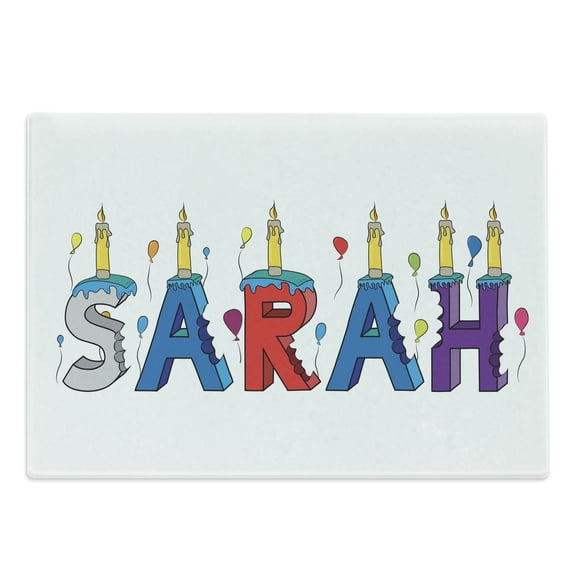 Sarah Cutting Board, Celebratory Birthday Girl Name Lettering with Colorful Letters and Balloons, Decorative Tempered Glass Cutting and Serving Board, Large Size, Multicolor, by Ambesonne