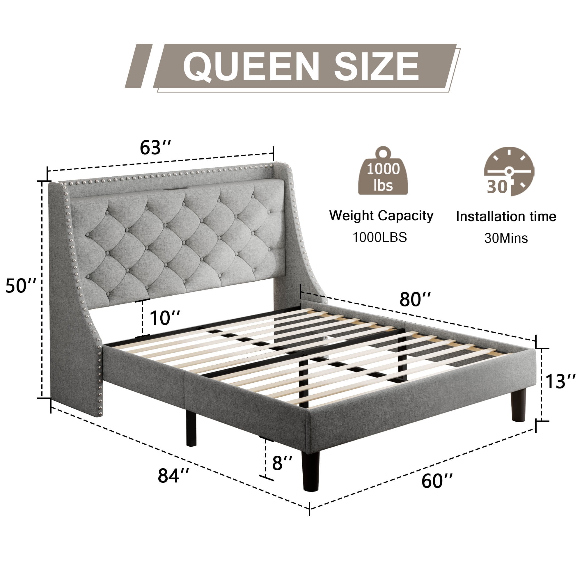 Virans Queen Bed Frame with 16" Deluxe Wingback & Charging Station, Upholstered Platform Bed with Button Tufted Storage Headboard,Light Gray