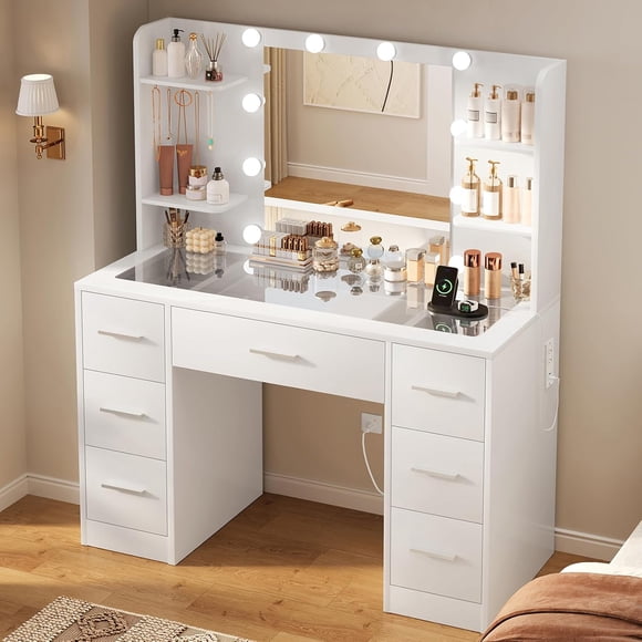 Vanity Desk with Glass Desktop & 7 Large Drawers, Makeup Vanity with 4 Open Shelves & Power Strip, Vanity Desk with Mirror and Lights, Dressing Table with 5 Jewelry Hooks for Bedroom, White