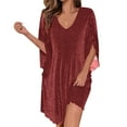 thumbnail image 3 of qucoqpe Womens Sparkly Cocktail Party Dress Fashion Solid Ruffle 3/4 Sleeve V Neck Mesh Flowy Evening Wedding Guest Dresses, 3 of 8