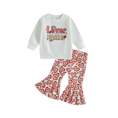 

Bagilaanoe 2Pcs Toddler Baby Girl Valentine s Day Outfits Letters Print Long Sleeve Pullover Tops + Heart Print Flared Trousers 6M 12M 18M 24M 3T 4T Kids Long Pants Set