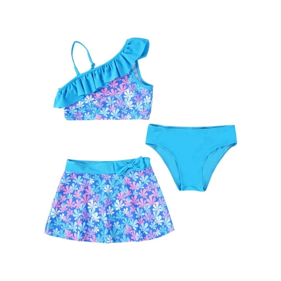 Zaldita Girls Swimsuits with Beach Skirts Kids 3 Piece Bikini Bathing Suits Tropical Print Swimwear Sky Blue 12