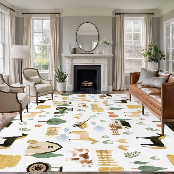 Cartoon Farmhouse Area Rugs 5'x7', Washable Small Throw Rugs for Laundry Room Playroom, Cute Watercolor Cabin Animals Trees Indoor Outdoor Rug Non-Slip Low Pile Carpet Runner Reversible Floor Mats