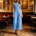 thumbnail image 5 of Women’s Sleeveless V Neck Jumpsuit Front Zip up Closure Side Pockets Loose Fit Wide Leg Cropped Pants One Piece Outfit for Daily Wear Blue, 5 of 6