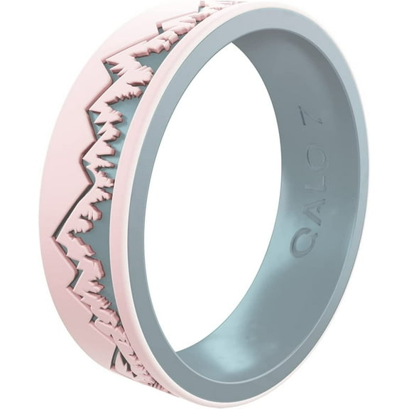 QALO Women's Rubber Silicone Ring, Ridgeline Strata, Silicone Rubber Wedding Band, Breathable, Durable Wedding Ring for Women, 6mm Wide 1.85mm Thick, Blush & Iridescent Blue, Size 6