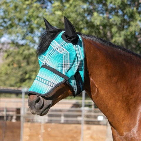 Kensington Fly Mask With Long Nose And Soft Ears, Deluxe Black Plaid, Size: X-Large