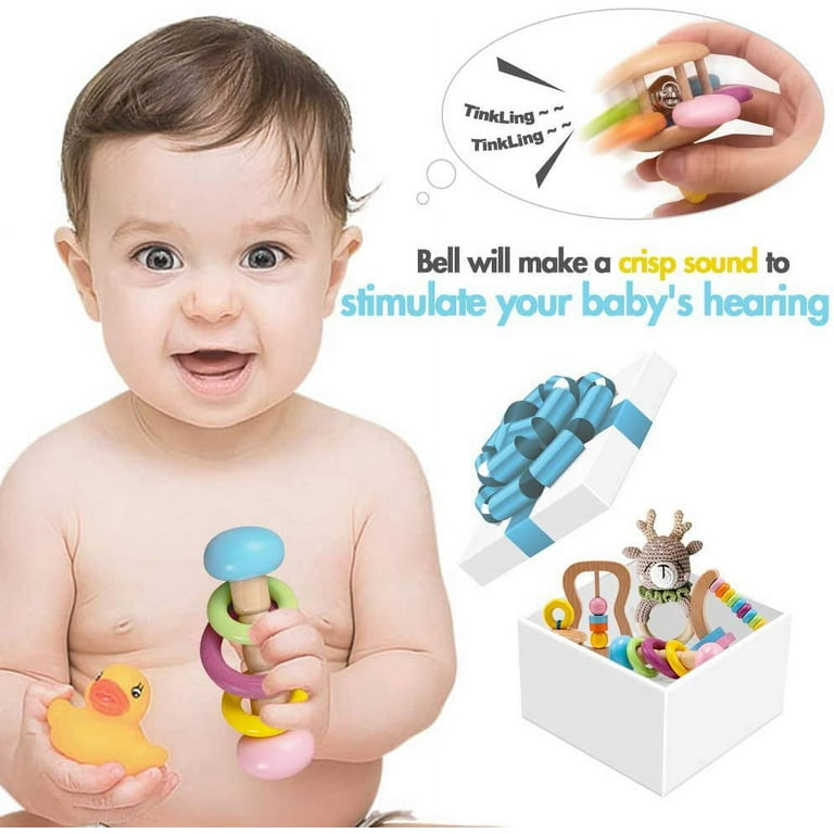Wooden Baby Elk Toys 5PC Organic Wooden Rattles Beech Montessori Toys for Babies  Wooden Baby Toys Wooden Infant Teething Ring Baby Rattle for 0-6 Months and  6-12 Months 