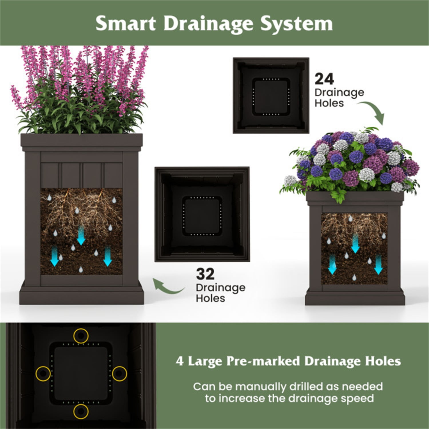Set of 2 Stackable PP Planters with Efficient Drainage Holes, Weather-Resistant Flower Pots for Indoor Outdoor Use