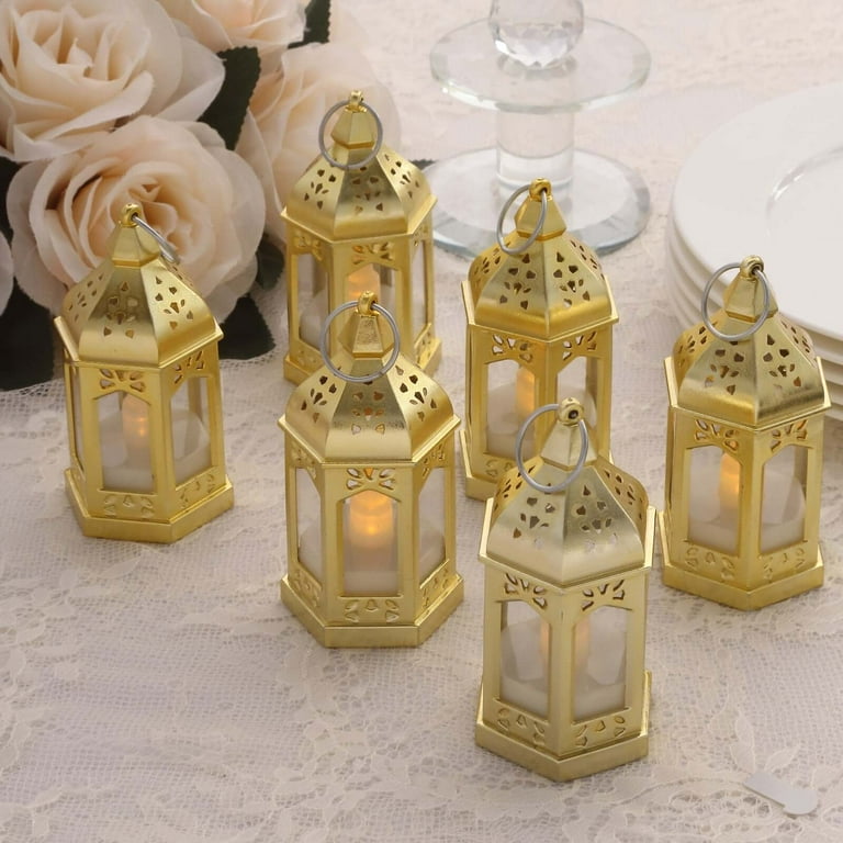 Efavormart 6 Pack Gold Vintage Mini Lantern with Flickering LED