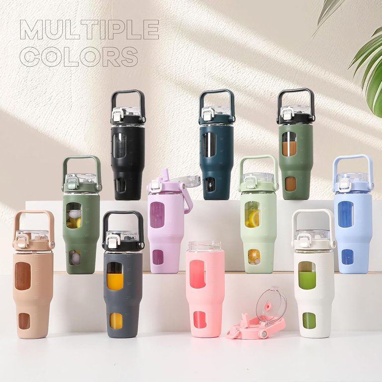 Half Gallon Motivational Water Bottle With Straw - 2L, BPA-Free, Silicone Sleeve, Cyan - For Gym & Daily Use