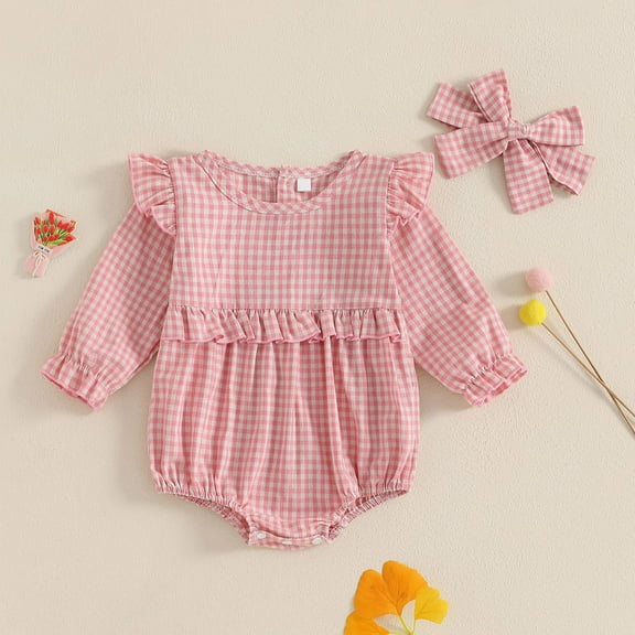 Delliss Newborn Baby Girls Casual Long-Sleeved Bubble Romper Ruffle Plaid One Piece Jumpsuit with Cute Bow Headband for Spring and Summer