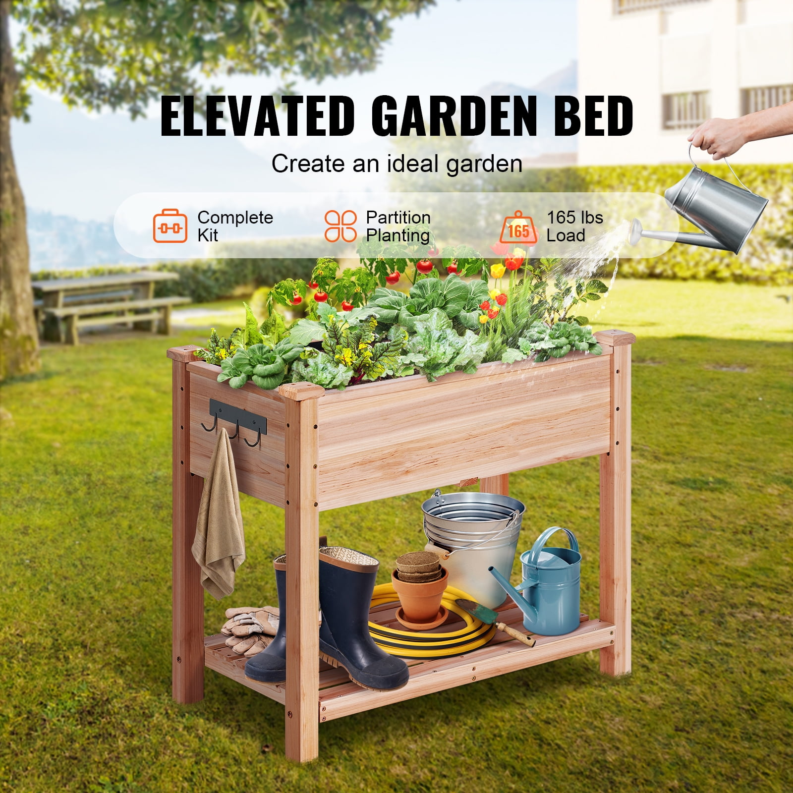 KFFKFF Elevated Garden Bed, Dimensions 34 x 18 x 30 inches, Wooden Planting Container, Outdoor Planters with Supportive Legs, Ideal for Cultivating Flowers, Vegetables, Herbs in Yard, Garden, Patio