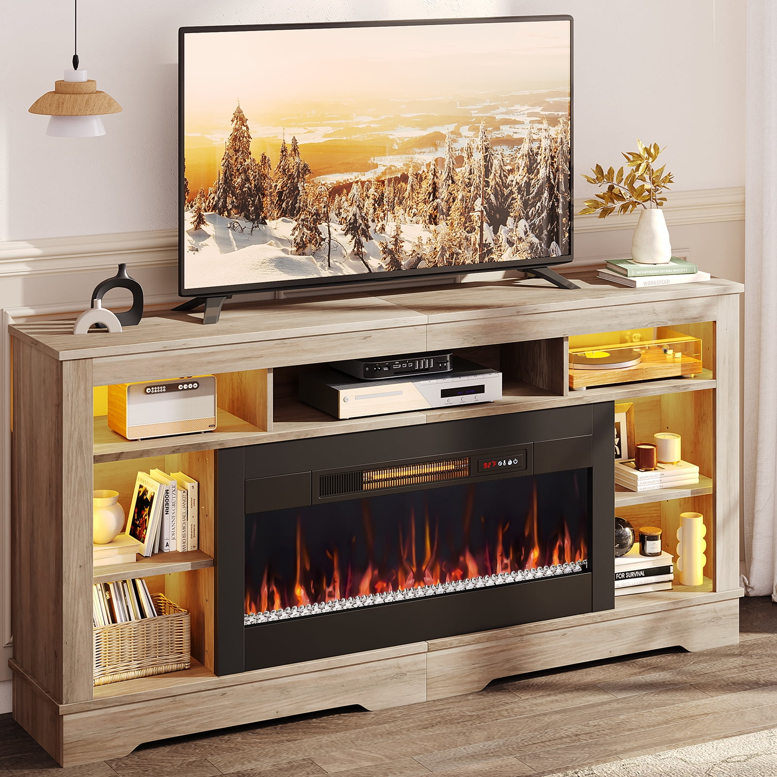 Bestier 71" Fireplace LED TV Stand with 36" Electric Fireplace and Storage Entertainment Center Console Table for TVs up to 80", Gray Wash