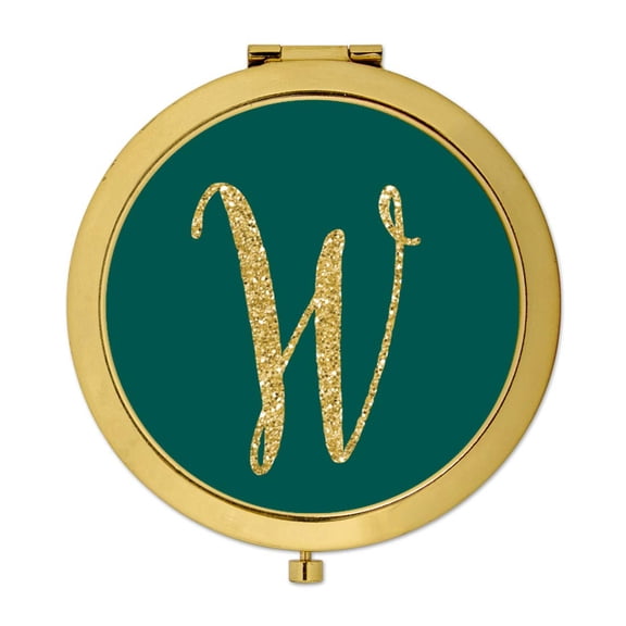 Koyal Wholesale Gold Compact Mirror Bridesmaid's Wedding Gift, Peacock Blue Jewel Tone , Monogram Letter W, 1-Pack