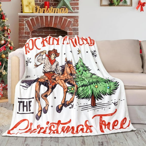 The Christmas Tree Throw Blanket, 50x60 Cute Country Vintage Cowboy Decorative Christmas Bed Throws Blankets, Soft Silky Flannel Holiday Xmas Throw Blanket for Couch Chair