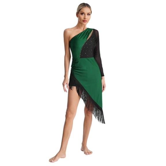 HULIJA Women One Shoulder Shiny Rhinestones Tassel Latin Tango Dance Dress Green XL