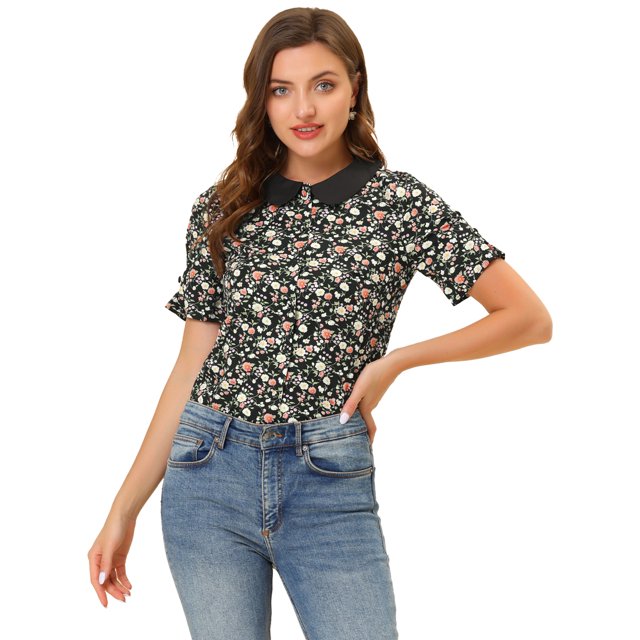 INSPIRE CHIC Blusa floral con botones y manga corta con cuello Peter Pan para mujer Negro S
