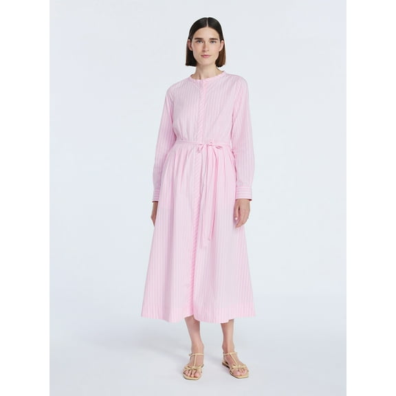 Free Assembly Women's and Women's Plus Pleated Cotton Midi Shirtdress with Long Sleeves, Sizes XS-4X