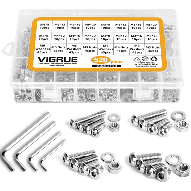 VIGRUE 304 Stainless Steel Screws and Nuts, M3 M4 M5 M6 Hex Socket Head