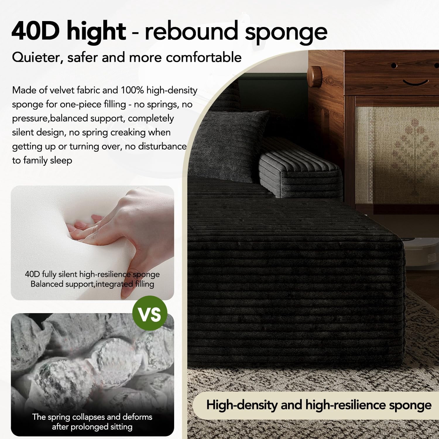 103" Cloud Sectional Sofa, Modern L Shaped Deep Seat Couch, Plush Corduroy Upholstered Sofa No Assembly, Living Room