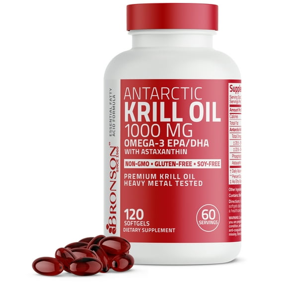 Bronson Pure Premium Antarctic Krill Oil 1000mg w Omega-3s, Astaxanthin - Heavy Metal Tested Non-GMO, 120 Softgels (60 Servings)
