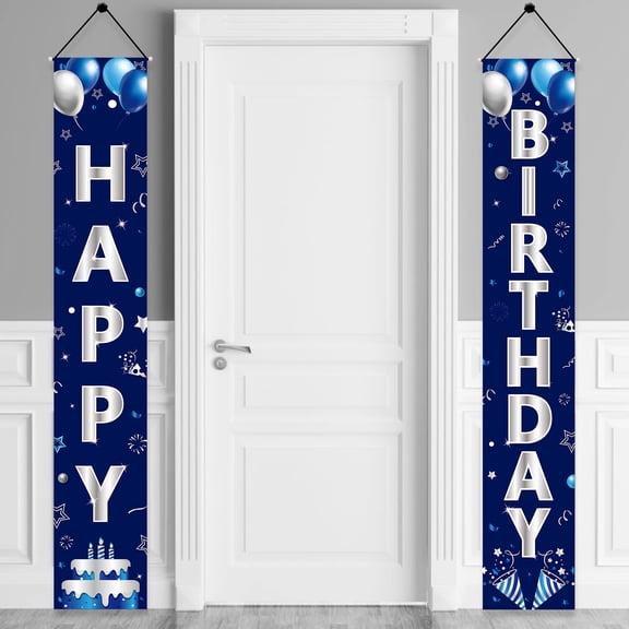 Blue Silver Happy Birthday Door Banner Decorations for Men Boys,Happy Birthday Banner Porch Sign Party Supplies,16th 18th 21st 30th 40th 50th 60th Bday Decoration for Outdoor Indoor