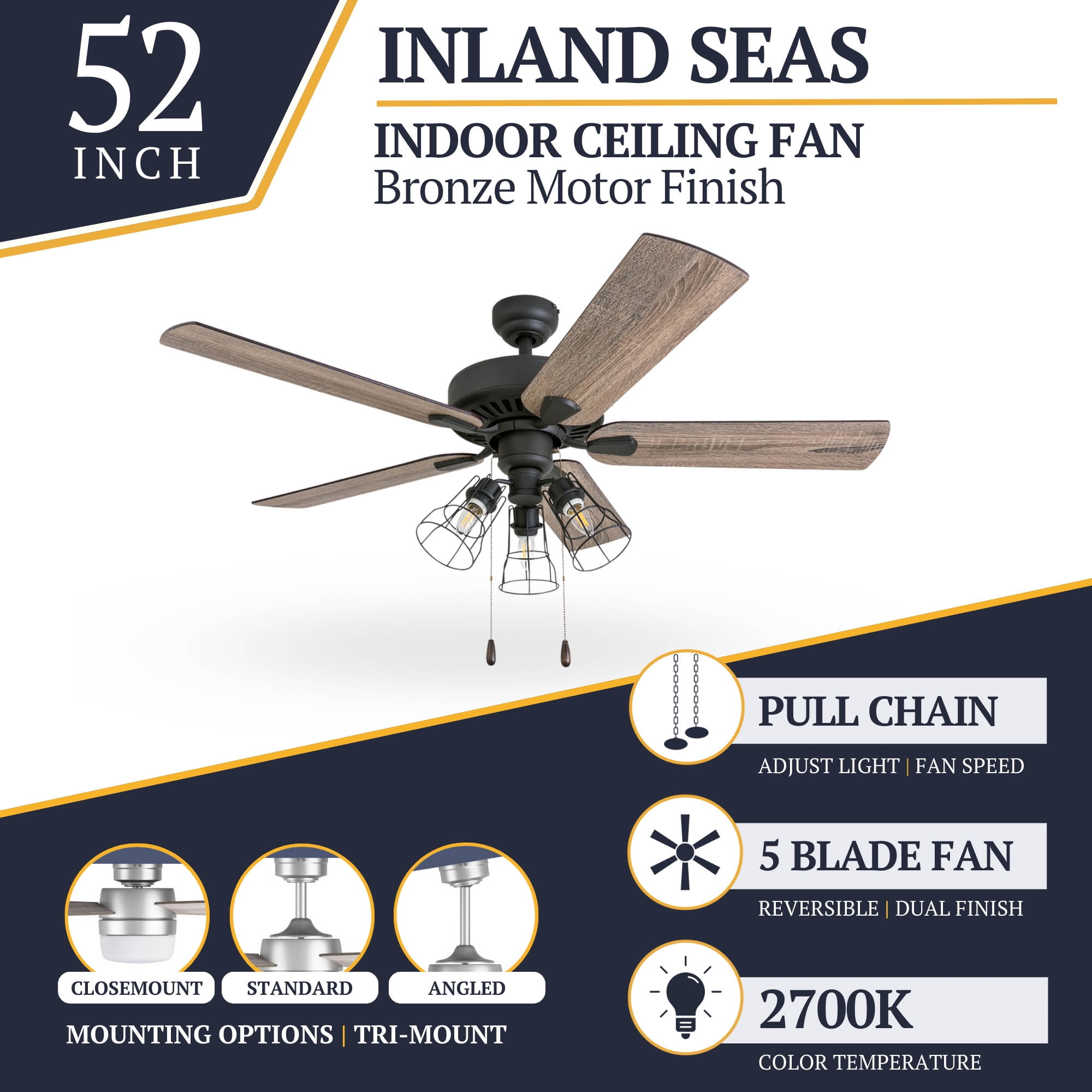 Prominence Home Inland Seas 52" Bronze Farmhouse Ceiling Fan with 5 Blades, 3 Arm Cage Light Kit, Pull Chains & Reverse Airflow