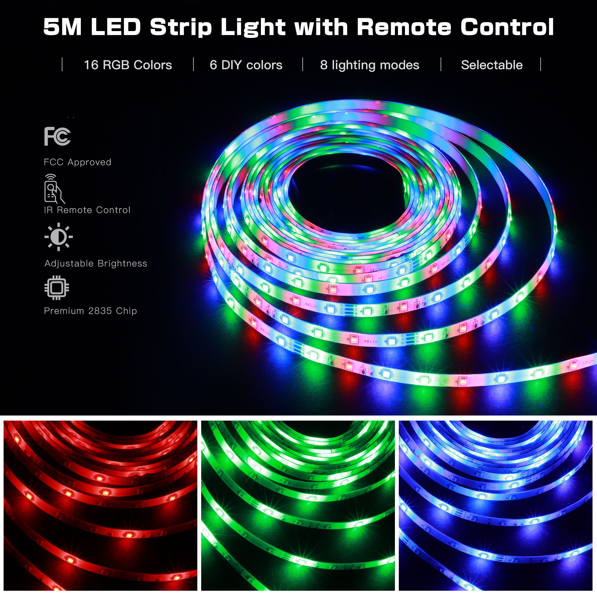 LED Lights Strip in Home,SOAIY Waterproof Adhesive Tape Lights,16.4ft RGB DIY Color Changing Rope Lights for TV Backlight Halloween Christmas lights w/IR Remote Control - image 3 of 16