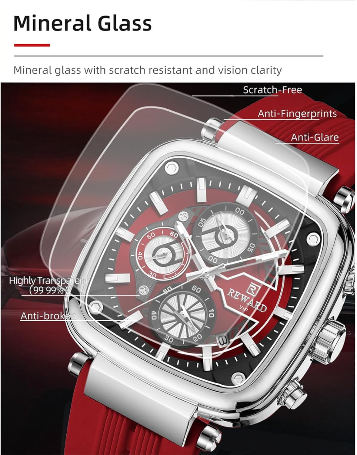 Square Watches for Men Red Silicone Chronograph Fashion Sports Watch Luminous Waterproof Casual Wrist Watches Silver Red