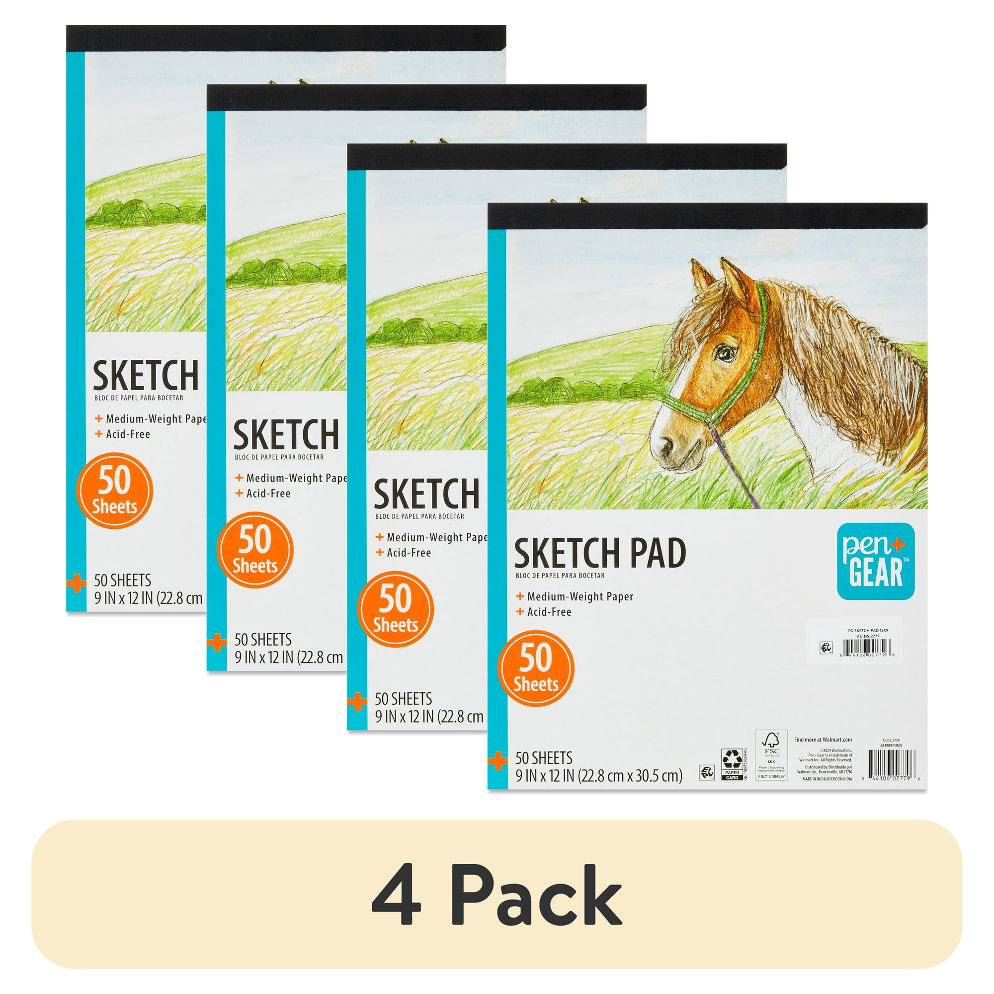 (4 pack) Pen+Gear Medium Weight Paper Sketch Pad, 9 x 12 Inches, 50 Sheets