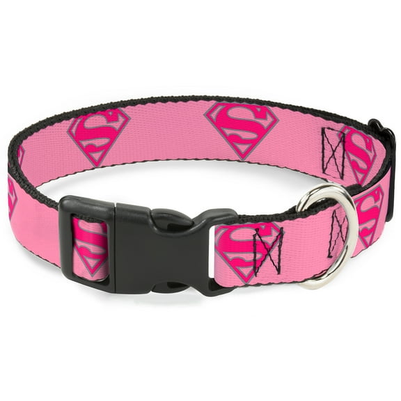 DC Comics Pet Collar, Dog Collar Plastic Buckle, Superman Shield Pink, 7 to 8.5 Inches 0.5 Inch Wide
