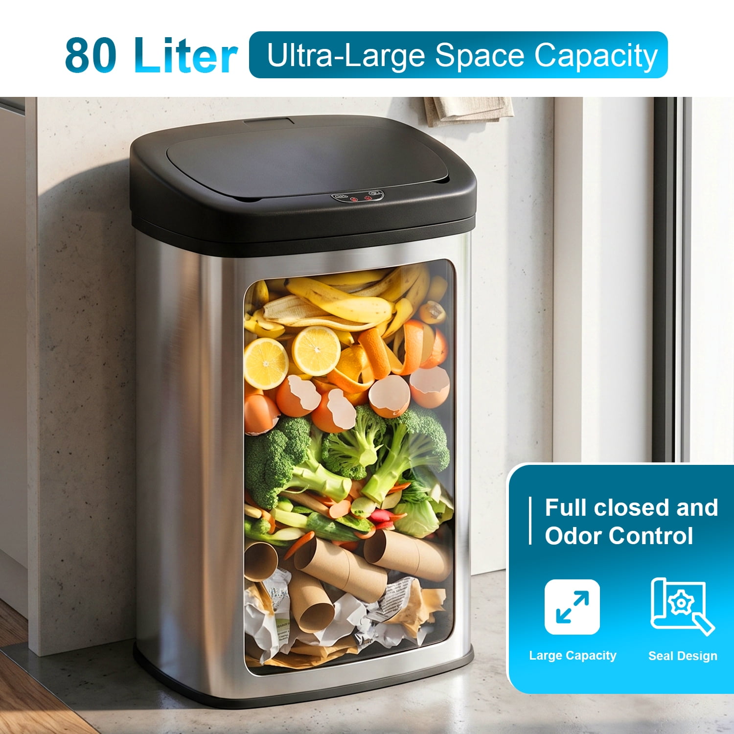 BestOffice 22 Gallon Stainless Steel Touchless Kitchen Trash Can with Motion Sensor for Indoor Use(Silver)