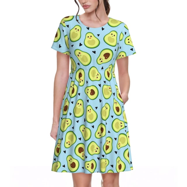 Bixox Robe d'Été à Manches Courtes pour Femmes Robe Ample Longueur Genou avec Poches-Avocat et Cœurs