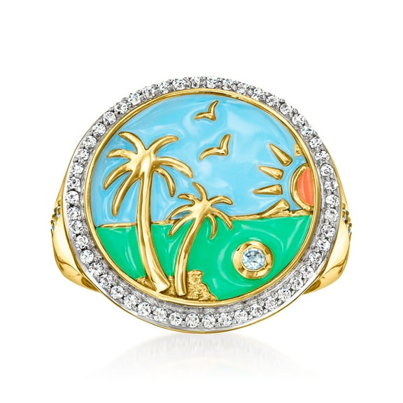 Ross-Simons 0.30 ct. t.w. White Topaz and Multicolored Enamel Beach Ring With .10 Carat Swiss Blue Topaz in 18kt Gold Over Sterling, Women's, Adult