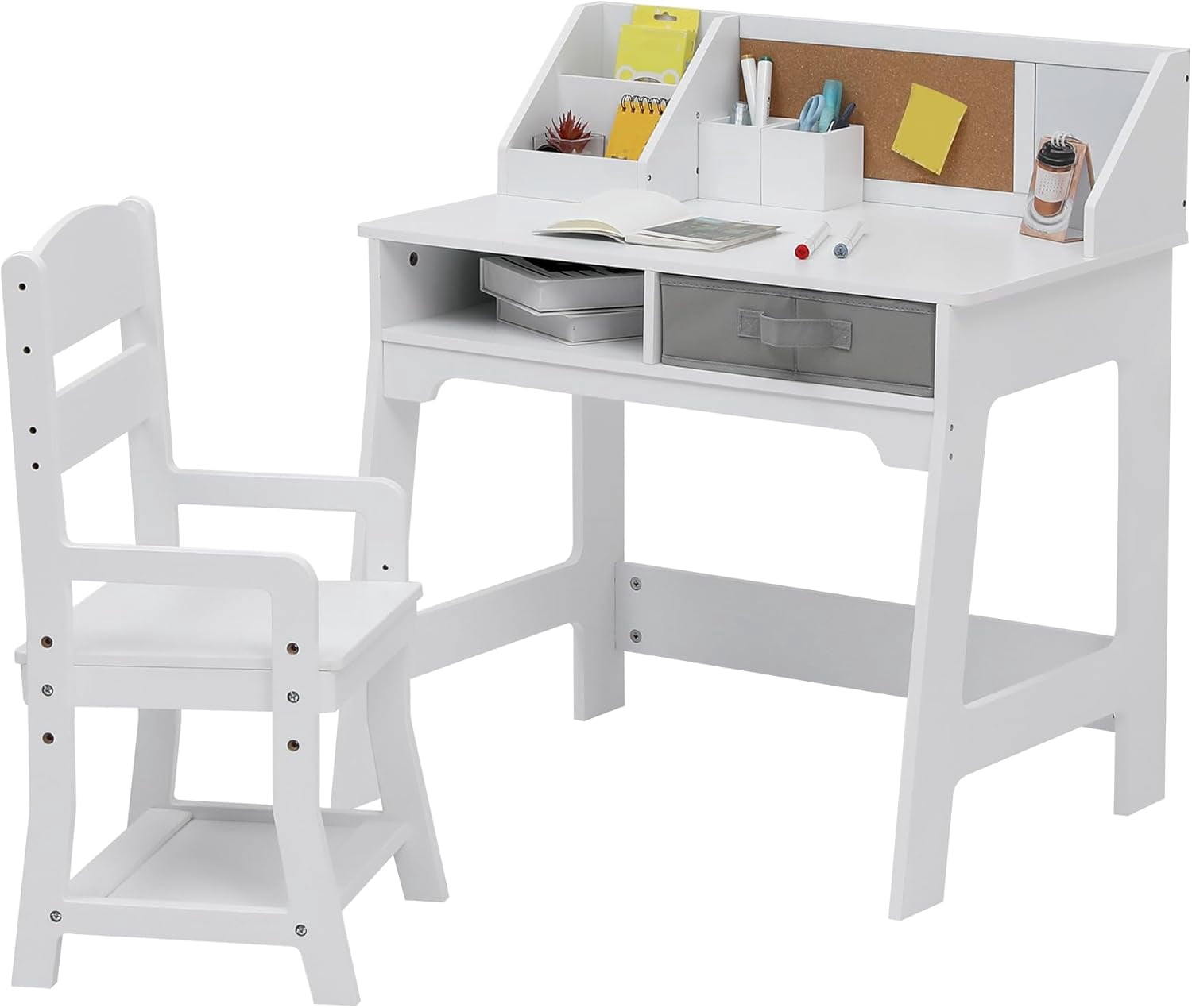 Joyspirit Kids Desk and Chair Set, Wooden Study Table with Storage Bins, Bookshelf, Bulletin Board, and Pen Holder, Writing Table for Boys and Girls