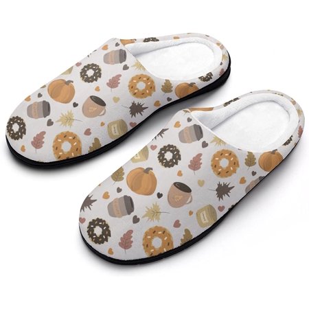 

Autumn Theme with Coffee Donuts Pumpkins and Leaves Men s House Slippers Nonslip Soft Cotton Shoes Slip On Slippers for Indoor Outdoor