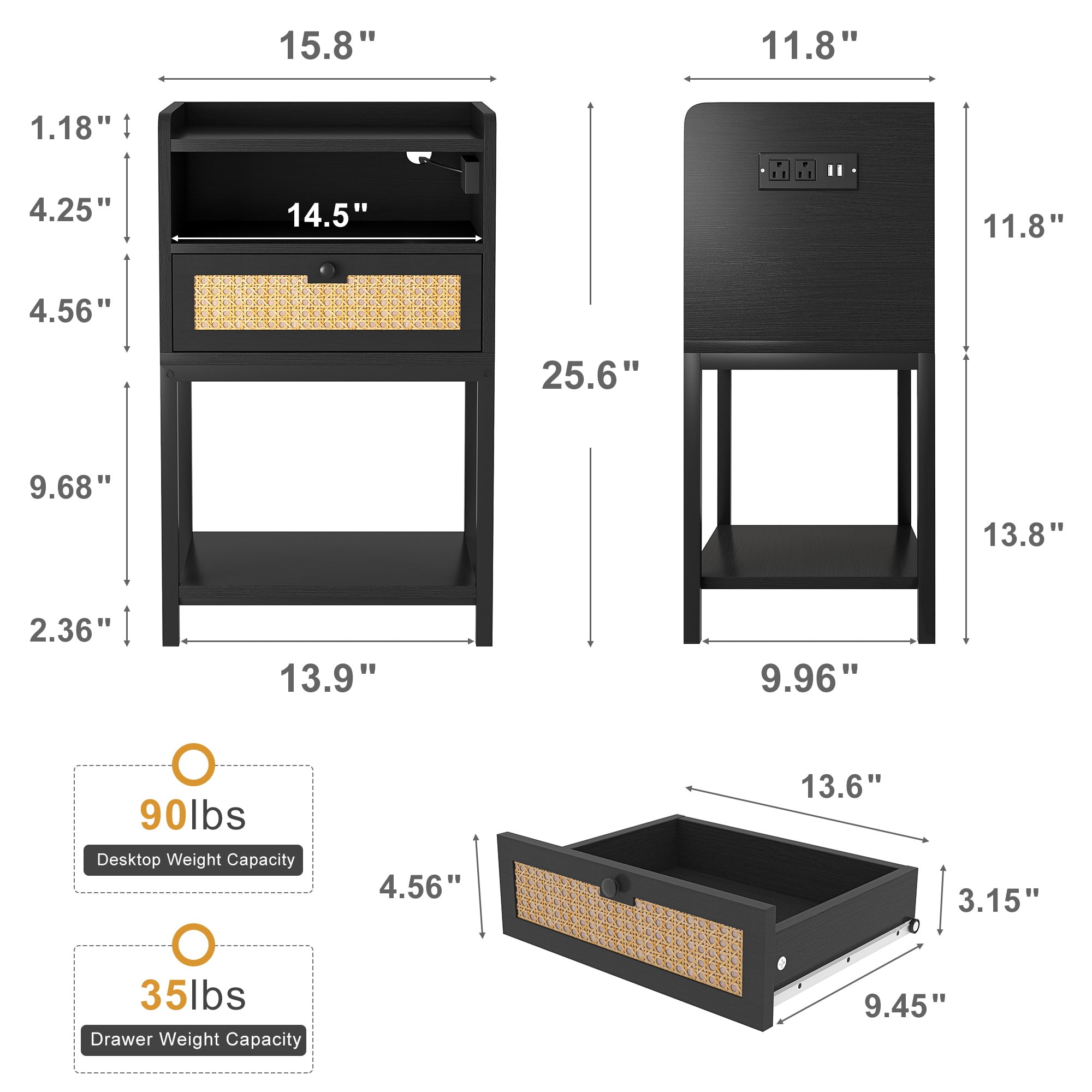 Spaco Nightstand with Charging Station Bed Side Table with Rattan Decoration Drawer Night Stand for Bedroom 3-Tier Storage End Table for Living Room, Black Spaco Nightstand with Charging Station Bed Side Table with Rattan Decoration Drawer Night Stand for Bedroom 3-Tier Storage End Table for Living Room, Black