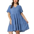 thumbnail image 2 of Women's Plus Size Denim Dress Tiered V Neck Short Sleeve Midi Chambray Dresses Blue 3X, 2 of 7