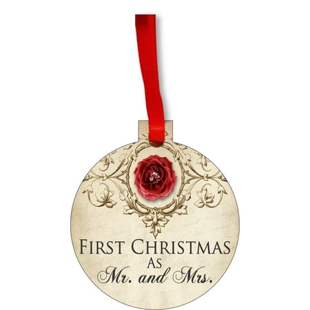 M&s Christmas Trees Ornament Newlyweds 1st Christmas as Mr. and Mrs. Vintage Style First Round Shaped Flat Hardboard Christmas Ornament Tree Decoration - Unique Modern Novelty Tree Décor Favors ()