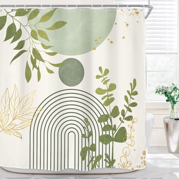 Green Botanical Shower Curtain Abstract Leaves Boho Bath Curtain with Hooks for Bathroom 71x71 inches