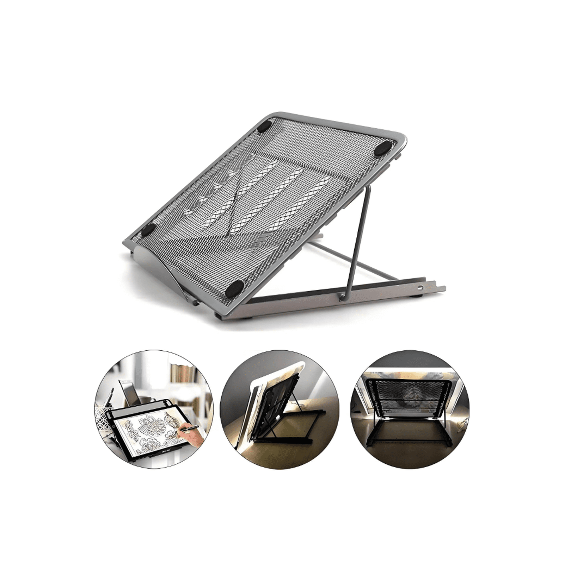 Foldable Adjustable Metal Stand for A4 LED Light Pad, Diamond Painting Tablet Holder, 12-Angle Ventilated Mesh Board, Light Gray (1 Pack, Light Gray)