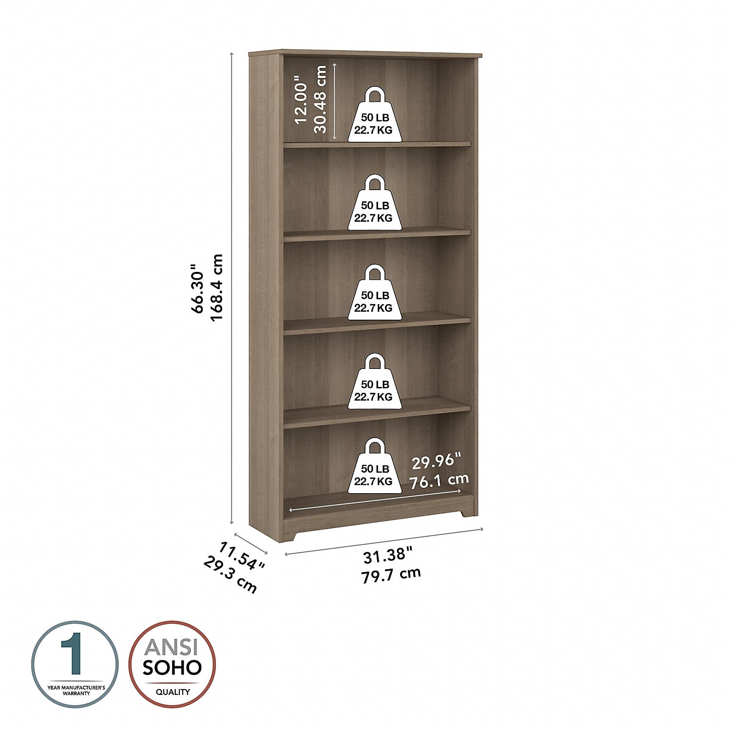 Bush Furniture Cabot Tall 5 Shelf Bookcase, Ash Gray