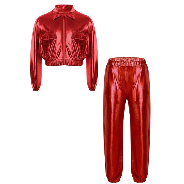 Doomiva Boys' Girls' Modern Jazz Cheer Performance Set Hip Hop Street Dance Clothes 2-Piece Red 6