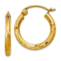 10k Solid Yellow Gold Satin and Sparkle-Cut 2mm Round Tube Hoop Earrings 15mm Long 2mm Thick Hoop Earring for Women