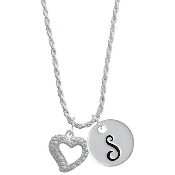 Delight Jewelry Silvertone Textured Open Heart Silvertone Script Initial Disc - S - Charm Necklace, 20"+3"