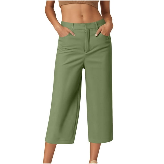 ZQUUVOU Women's Capris Pants Solid Color Casual Suit Loose Pants(Green,S)