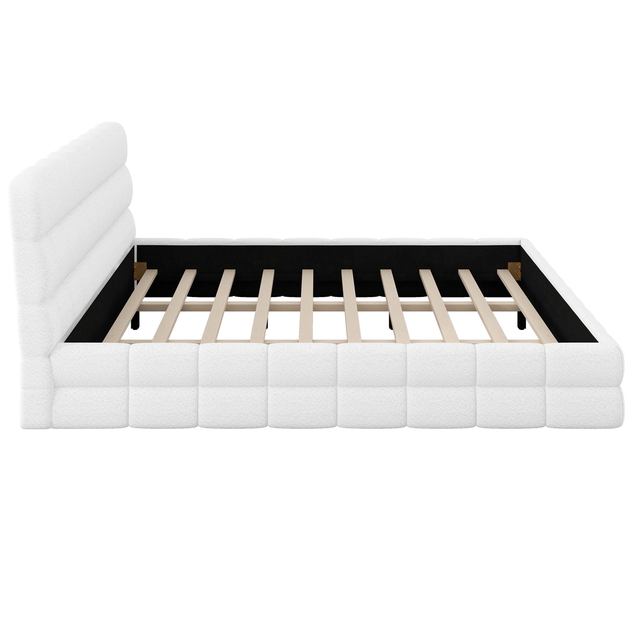 Noble House King Size Upholstered Platform Bed, Berber Fleece Bed Frame with Foam Headboard, Modern Design, White