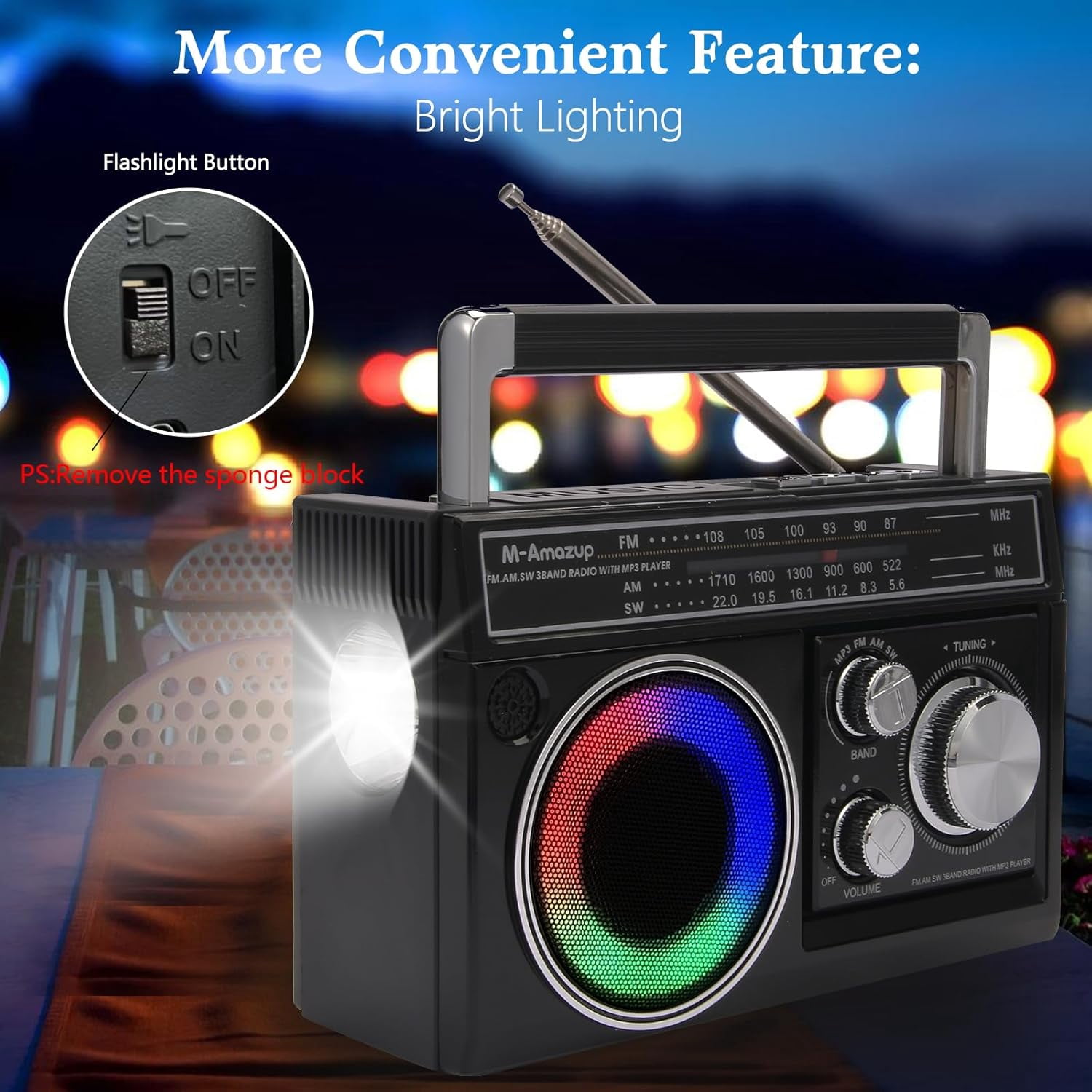 AM FM SW Radio Portable with Bluetooth Speaker, Illumination, USB TF Card Playing, Solar/USB-C Rechargeable Radios, Colorful Light, Transistor Radios Portable Emergency, Bluetooth Radio