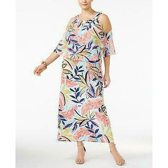 NY Collection Women' Plus Printed Keyhole Cold Shoulder Maxi Dress Size 2X